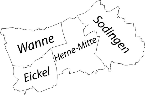 Biała płaska mapa administracyjna wektora HERNE, NIEMCY z identyfikatorami nazw i czarnymi liniami granicznymi swoich okręgów - Wektor, obraz