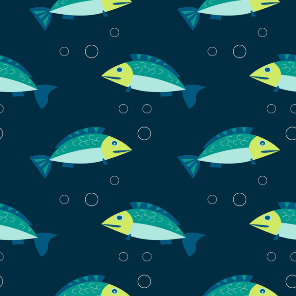 Nahtloses Muster, niedliche räuberische türkisfarbene Fische auf blauem Hintergrund mit Blasen, Druck, Hintergrund, Textil, Tapete, Vektor - Vektor, Bild