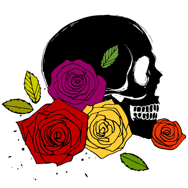 Side face skull with roses - Vector, imagen