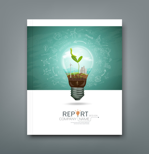 Cover annual report green seedlings in a light bulb ecology concept - Vector, Image