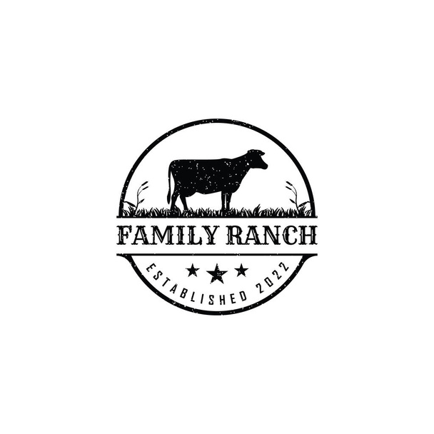 retro vinobraní farmářský skot Angus hospodářských zvířat logo design vektor v černém kruhu tvar vhodný pro farmy a ranč logo - Vektor, obrázek