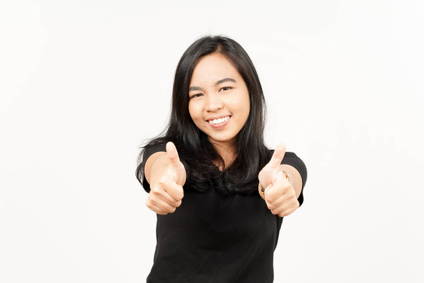 Showing thumbs up of Beautiful Asian Woman Isolated On White Background - 写真・画像