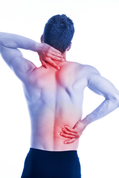 Man has pain in the neck and hips on the back  - Photo, Image