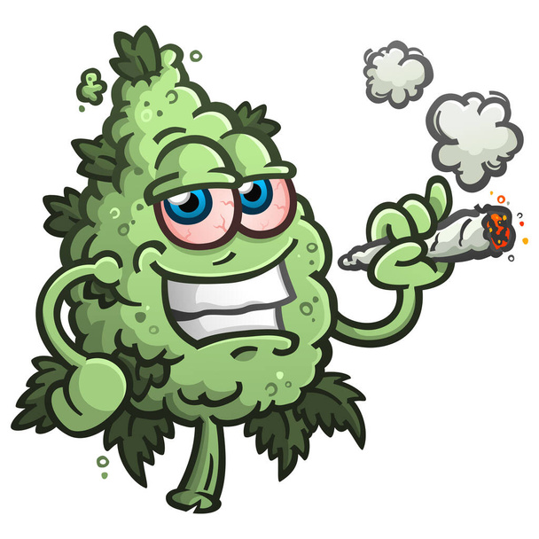 Marijuana bud vector cartoon character illustration smoking a reefer joint for hemp and cdb health benefits - Vecteur, image