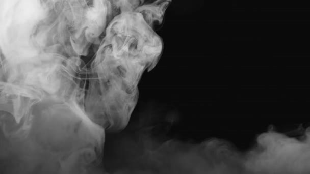 Gruesa niebla rodante en cámara lenta sobre fondo oscuro. Humo gris atmosférico realista sobre fondo negro. El humo blanco flotando lentamente se levanta. Efecto de humo 4K - Metraje, vídeo