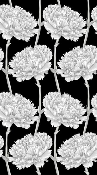 Beautiful monochrome, black and white seamless background with carnation. - Vector, Image