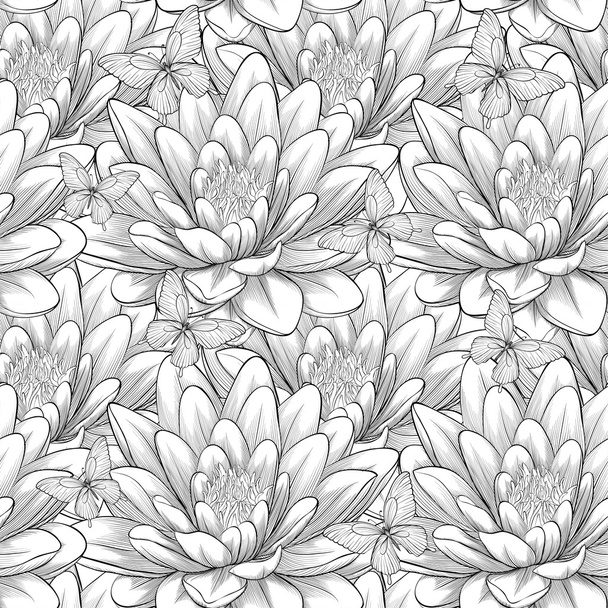 Belo padrão monocromático, preto e branco sem costura com flores de lótus. Linhas e traços de contorno desenhados à mão
. - Vetor, Imagem