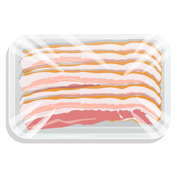 Gesneden spek in een plastic dienblad. Vacuüm verpakt varkensvlees. Vectorillustratie - Vector, afbeelding