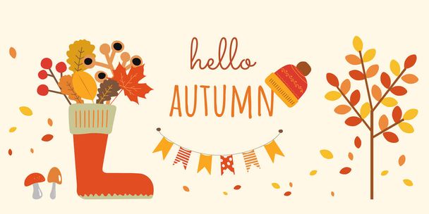Autumn boot with colorful leaves bouquet and tree vector paint with text. Beautiful fall certoon drawings - Vektör, Görsel