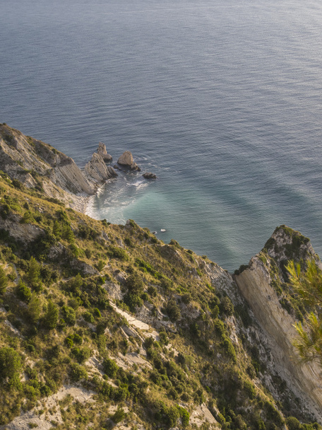Aerial view of the Two Sisters (Due Sorelle) reef at sunrise, Conero NP, Marche, Italy - Valokuva, kuva