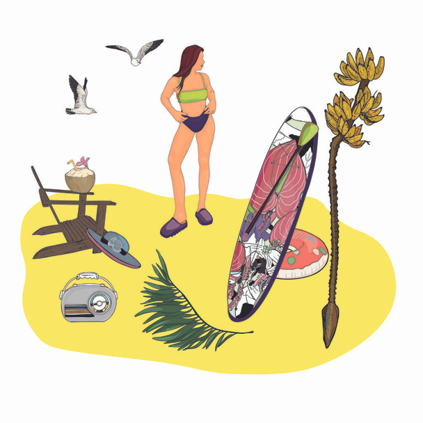 Elinde yemek tahtası olan bir kızın vektör düz çizimi. Yaz seti hindistan cevizi, muz, radyo, yemek, palmiye ağaçları, tasarımcı şapkaları boş, logo, amblem - Vektör, Görsel
