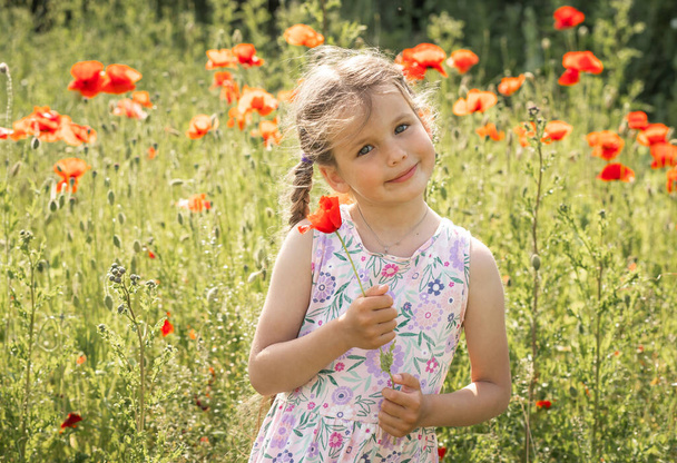 Όμορφο κοριτσάκι σε ένα χωράφι με λουλούδια παπαρούνας, καλοκαιρινή διάθεση, χαρούμενο παιδί, ηλιόλουστη μέρα. - Φωτογραφία, εικόνα