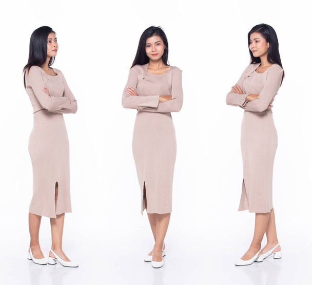 Full length 20s Asian Woman teacher business finance manager, cross arms confident, wear formal dress. Black hair Office female feel happy smile over white background isolated - Photo, Image
