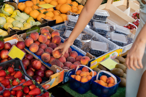 abgeschnittene Ansicht einer Frau bei der Auswahl frischer Früchte auf dem venezianischen Lebensmittelmarkt - Foto, Bild