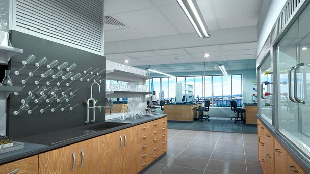 Laboratorní interiér s laboratorním vybavením. 3D ilustrace - Fotografie, Obrázek
