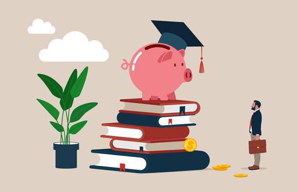 Piggy bank wearing graduation hat on stack on school textbooks and dollar money coins. Education fund, collect money for school, college and university cost, student scholarship or loan. - Vector, Image