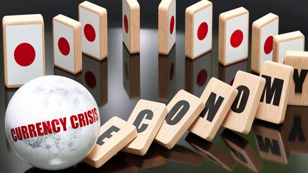 Ιαπωνία και νομισματική κρίση, η οικονομία και το φαινόμενο του ντόμινο - αλυσιδωτή αντίδραση στην Ιαπωνία που προκαλείται από νομισματική κρίση που προκαλεί κατάρρευση - μπλοκ της οικονομίας και σημαία της Ιαπωνίας, 3d εικονογράφηση - Φωτογραφία, εικόνα
