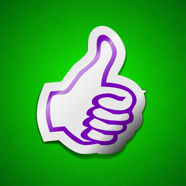 Великий палець, як знак піктограми. Символ шикарної кольорової липкої етикетки на зеленому фоні
.  - Фото, зображення