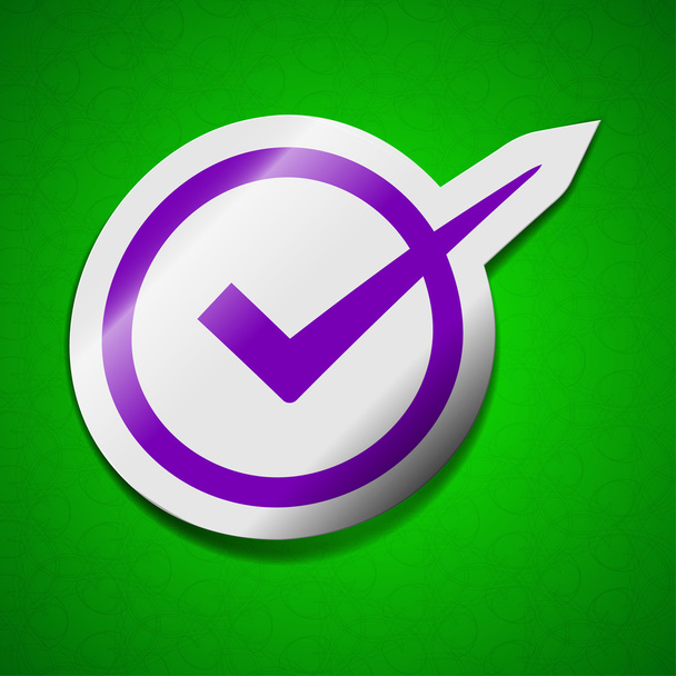 Check mark icon sign. Symbol chic colored sticky label on green background.  - Photo, Image