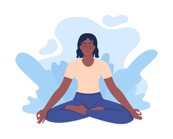Positive young woman meditating in lotus pose 2D vector isolated illustration. Tranquil flat character on cartoon background. Mindfulness colourful editable scene for mobile, website, presentation - Вектор,изображение