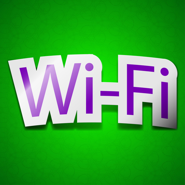 Δωρεάν Wi-Fi εικονίδιο είσοδος. Σύμβολο κομψή έγχρωμη ετικέτα κολλάει σε πράσινο φόντο. - Φωτογραφία, εικόνα