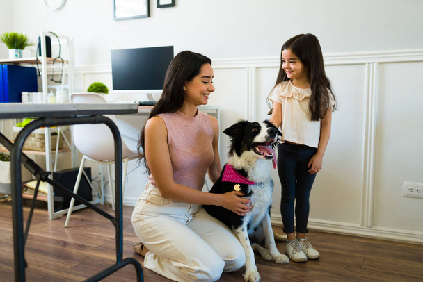Gorgeous young woman and happy little girl smiling while petting their beautiful border collie dog at the vet  - Photo, image