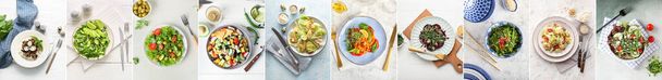 Set de deliciosas ensaladas con verduras sobre fondo claro, vista superior - Foto, imagen
