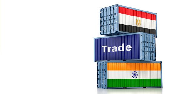 Cargo containers with India and Egypt national flags. 3D Rendering - Zdjęcie, obraz