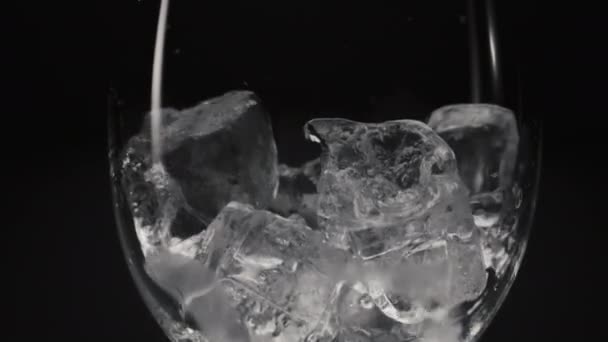 Buz küpleri boş şeffaf camları yakın planda düşürüyor. Donmuş bloklar şarap kadehlerine süper yavaş çekim makro siyah arka planda fırlatılıyor. Soğuk içecekler ve kokteyl hazırlama konsepti - Video, Çekim