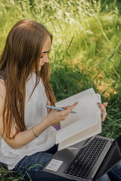 Auf dem Transparent arbeitet ein junges Mädchen mit einem Laptop an der frischen Luft im Park und sitzt auf dem Rasen. Das Konzept der Fernarbeit. Arbeit als freier Mitarbeiter. Das Mädchen nimmt Kurse am Laptop und lächelt - Foto, Bild