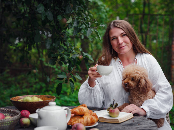 mulher caucasiana de meia idade em vestido branco desfrutando de café da manhã em pomar de maçã sentado à mesa de madeira com seu poodle animal de estimação - Foto, Imagem