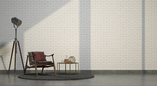 An elegant wood-detailed chair, a bottle of whiskey on a table, and a lamp against a white brick wall - Фото, зображення