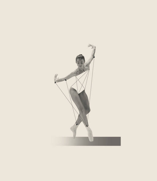 Contemporary art collage with young beautiful ballerina dancing, performing isolated over grey background. Puppet, line art design. Concept of classic dance style, art, show, beauty, inspiration - Zdjęcie, obraz