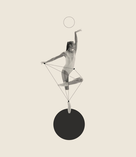 Contemporary art collage with artistic young ballerina dancing on drawn ball isolated over grey background. Line art design. Concept of classic dance style, art, show, beauty, inspiration - Fotó, kép