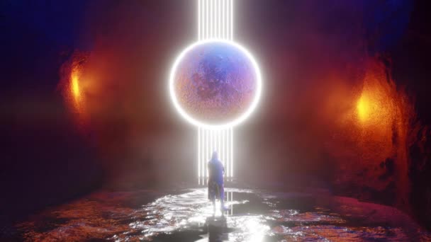 Science fiction scene toont een menselijke maanverduistering, Sci-fi scene in een nieuwe planeet. 3d animatie weergeven - Video