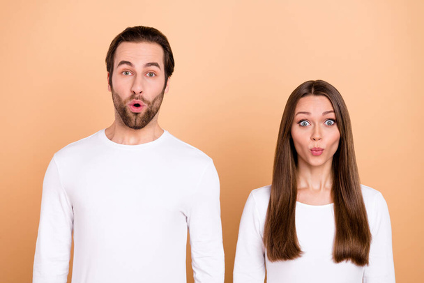 Portrait of attractive amazed funny brown-haired spouses pout lips incredible news isolated over beige pastel color background. - Foto, immagini