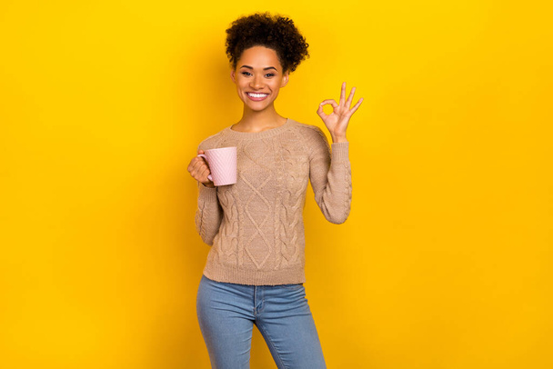 Photo of nice millennial brunette lady hold cup show okey wear beige pullover isolated on yellow color background. - Fotografie, Obrázek