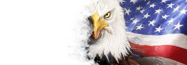 Baner Dnia Niepodległości z flagą USA, orłem i białym tle. Tekst Copyspace - Zdjęcie, obraz