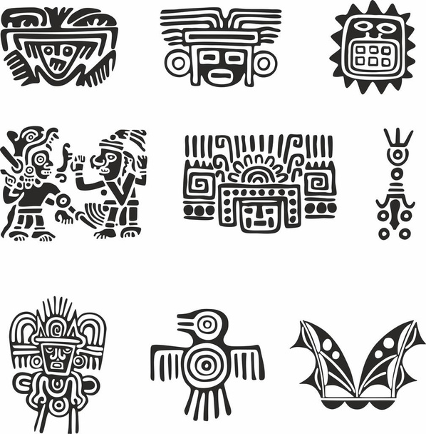 Conjunto vectorial de símbolos indios monocromáticos. Adorno nacional de nativos americanos, aztecas, mayas, incas. - Vector, imagen