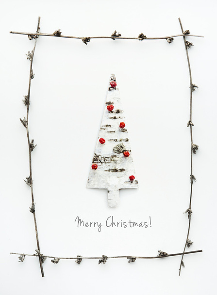 Christmas tree shaped birch bark. Greeting card with text  Merry - Photo, Image