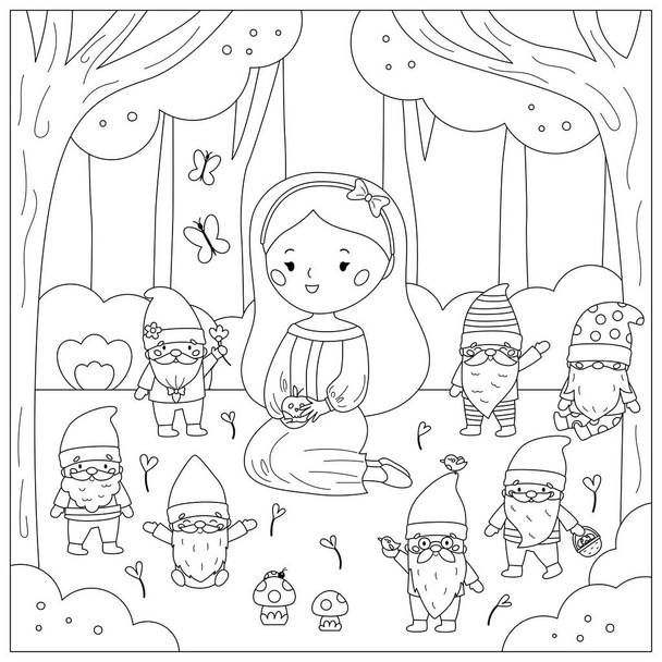 Színező oldal Hófehérkével és a hét törpével. Aranyos rajzfilm kawaii karakterek. Klasszikus mese gyerekeknek. Szépség hercegnő és törpék erdei háttérrel. Vektorillusztráció a kifestőkönyvhöz. - Vektor, kép