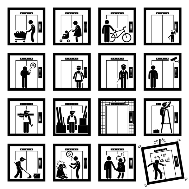 エレベーターリフトの中で人々が行うこと図ピクトグラムアイコン(2番目のバージョン)) - ベクター画像