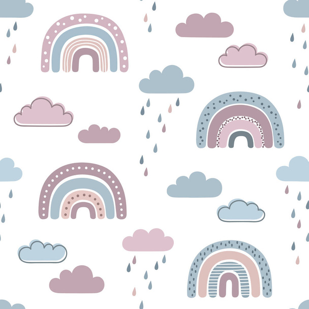 Seamless pattern with rainbows, clouds and raindrops in naive, childlike, Scandinavian style - Vector, afbeelding
