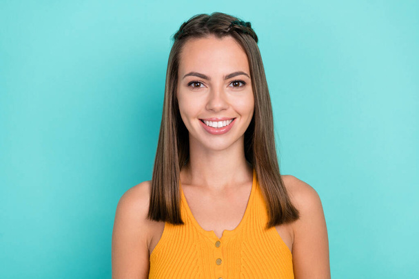 Photo of cheerful positive joyful woman enjoy good mood wear casual outfit isolated on teal color background. - Foto, afbeelding