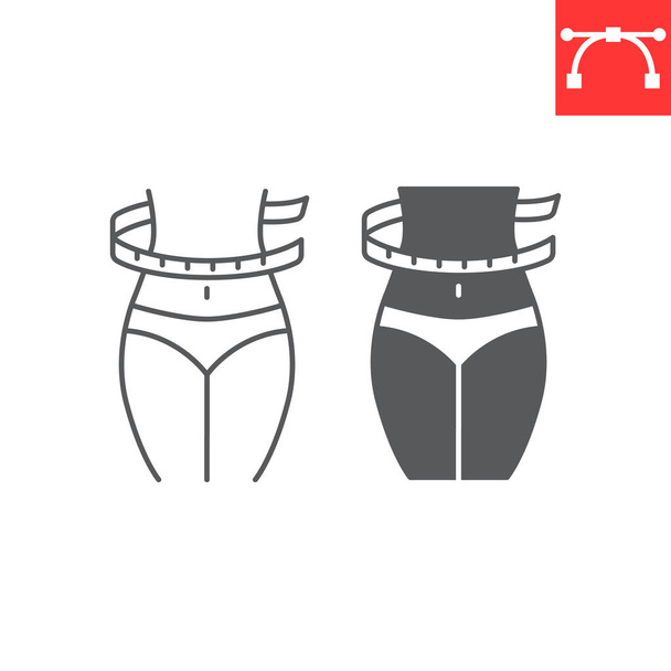 Weight lose line and glyph icon, diet and body, woman waist with measuring tape vector icon, vector graphics, editable stroke outline sign, eps 10. - Vector, Image