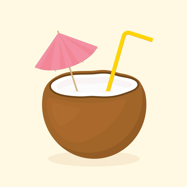 cocktail in coconut with straw and umbrella - vector illustration - Vecteur, image
