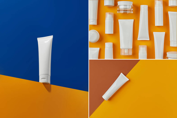 Collage avec des bouteilles de tubes blancs vierges avec des produits de soins de la peau sur fond orange et bleu. Concept de traitement du corps facial. - Photo, image