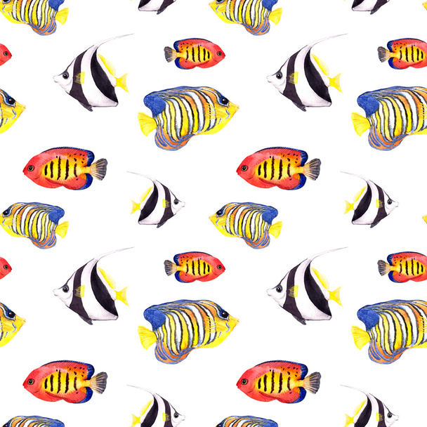 Exotic fish (tropical fish). Repeating seamless pattern. Watercolor - Fotoğraf, Görsel