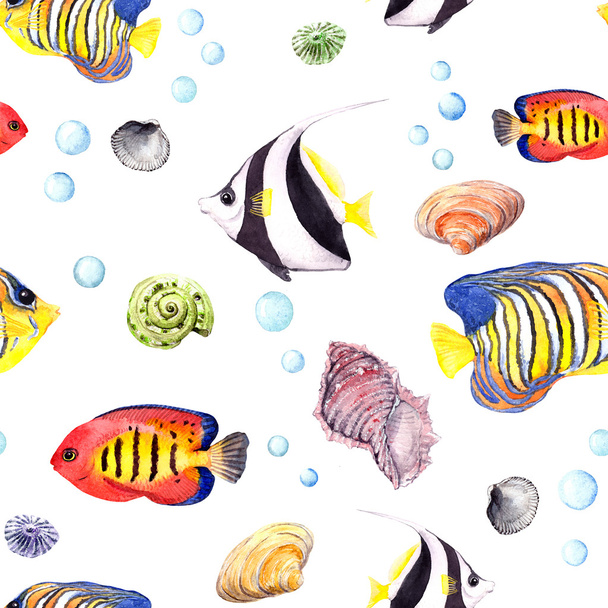 Exotic fish (tropical fish). Repeating seamless pattern. Watercolor - Photo, image