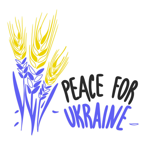 Peace for Ukraine, patriotic symbols, three spikelets in the colors of the flag of Ukraine, blue, yellow and black color, inscription, outline, doodle drawing - Wektor, obraz